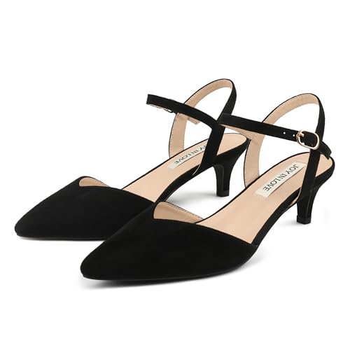 Image of JOY IN LOVE Women's Pointed Toe Kitten Heel Pumps, Ankle Strap Low Heel Work Dress Shoes