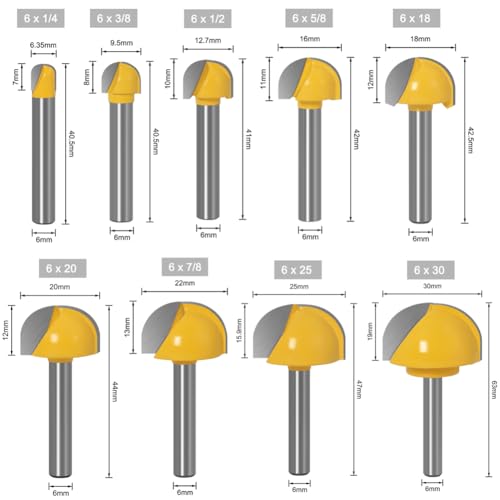 WSOOX Lot de 9 fraises à gorge creuses à tige de 6 mm - Rondes - Pour le travail du bois (diamètre 6,35/10/12,7/16/18/20/22/25/32 mm) – vue 4