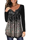  ORANDESIGNE Shirt Femme Fleurs Col en V été Casual Ample Grande Taille Manche Longue Tuniques Blouse Longue Chemisie Henri Hauts à Manches Courtes Tops Tee Shirt Automne Hiver J Noir XL