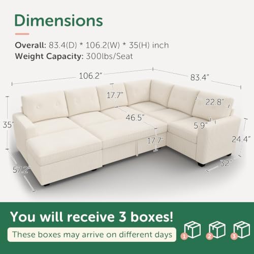 Image of HONBAY Corduroy Sectional Sleeper Sofa with Pull Out Bed, 7 Seaters 106 Inch U Shaped Setional Couch for Living Room, Beige