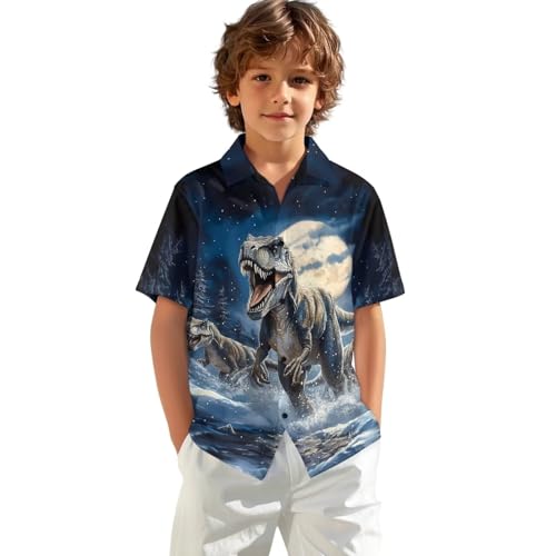 Dremagia Dinosaur Shirt Boys 11/12 Short Sleeve Button Down Shirt Summer Vacation Beach Swim Suits Classic Fit Collar T-Shirt V Neck Dress Tshirt Quick Dry Athletic Costume, Size L
