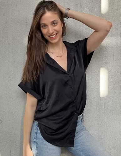 Chigant Silk Button Down Shirts For Women Short Sleeve V-Neck Satin Blouse Black Medium #TOP3