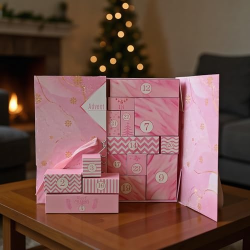 Llena Tu Propio Calendario De Adviento: Calendarios De Adviento Vacíos De 24 Días Para Llenar, Caja De Calendario De Cuenta Regresiva Navideña Rellenable De Color Rosa Para Niños Y Adultos