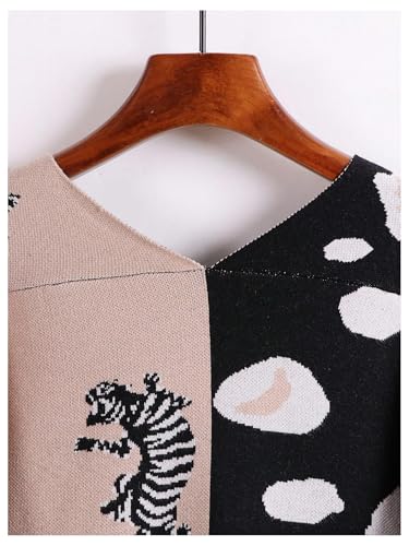 Leopard Cardigan for Women Tiger Print Color Block V Neck Sweaters Long Sleeve Lightweight Button Down Outwear Black L4