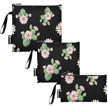 Green Cactus Pink Flowers Black Reusable Snack Sandwich Bags, Zipper Eco-Friendly Lunch Bags Washable for Kids Students Adults 3 Pack S/M/L