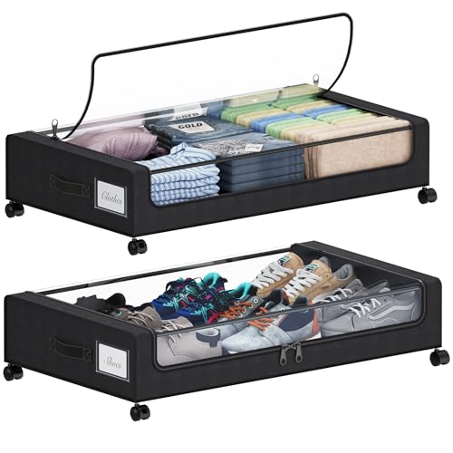 Tututry Under Bed Storage with Wheels, XXL 60L Under the Bed Storage Bins, Underbed Storage Containers with Lids & Label, Rolling Metal Drawer for Shoes, Clothes, Books, Toys (2-Pack Black) by Tututry - Used condition - US$28.22