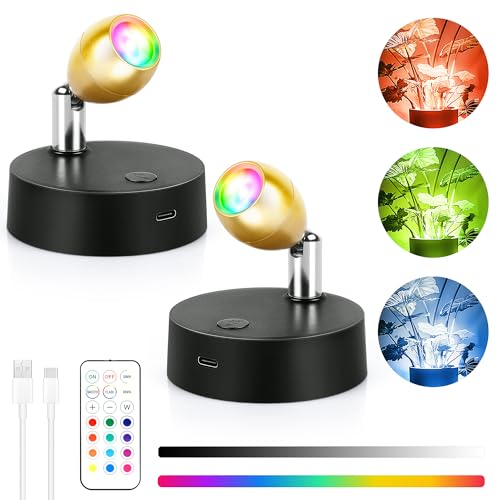 Image of Wireless SpotLight Indoor with Remote, 13 RGBW Uplights Indoor with Rechargeable Battery Operated, LED Accent Light with Timer＆Dimmable, Mini Spotlight Stick on Picture Light for Paintings Display