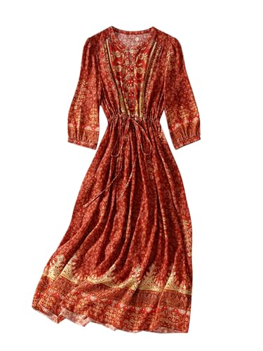 Robe en soie pour femme HangErFeng imprimé floral avec cordon et manches bouffantes d'été