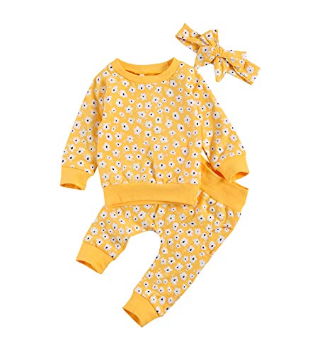 Image of Newborn Infant Baby Girl Clothes Set Long Sleeve Sweatshirts Tops Pants Outfits Clothing Gifts 3 6 9 12 18 24 Months(Yellow, 6-12 Months)
