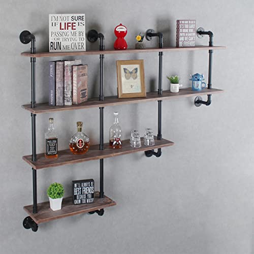 MBQQ 4-Tiers 63inch Industrial Pipe Shelving,Rustic Wooden&Metal Floating Shelves,Home Decor Shelves Wall Mount with Wine Rack,Decorative Accent Wall Book Shelf for Kitchen,Retro Brown