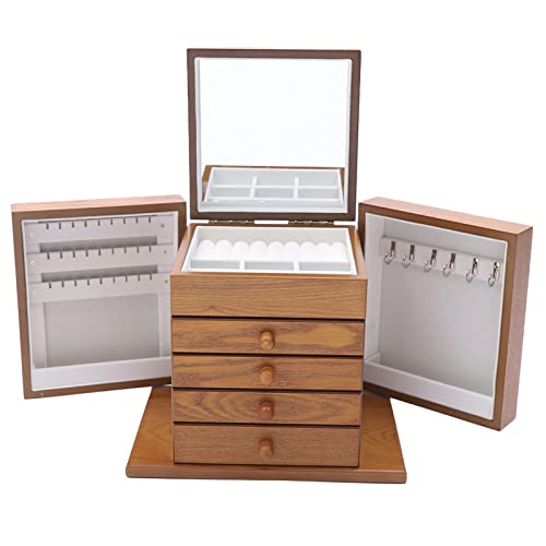 Vintage-Schmuck-Organizer-Box – 5-lagige Vitrine mit 4 Schubladen und Spiegel für Uhren, Halsketten, Ringe und Ohrringe – florales geschnitztes Design für Frauen und Mädchen