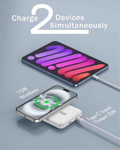 Image of podoru for Magsafe Battery Pack, 5000mAh Magnetic Power Bank with Type-C Cable 20W PD Fast Charging Lighting Input Wireless Portable Charger for iPhone 17 /16 /15 /14 /13 /12 / All Series-Snow White