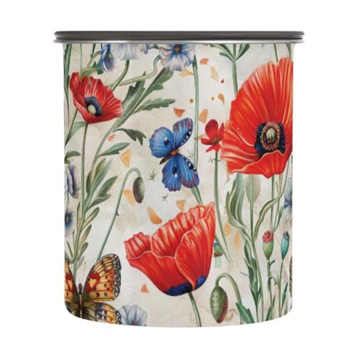 ALAZA Red Poppy Flowers Butterfly Airtight Coffee Bean Canister 900ml Food Storage Containers with Lids For Gournd, Tea, Sugar, Flour, Rice, Cereal, Candy Cookie Jar
