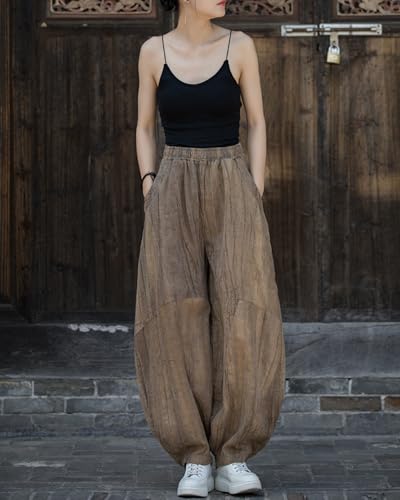 Women's Casual Cotton Linen Baggy Pants with Elastic Waist Relax Fit Lantern Trouser with Pockets3