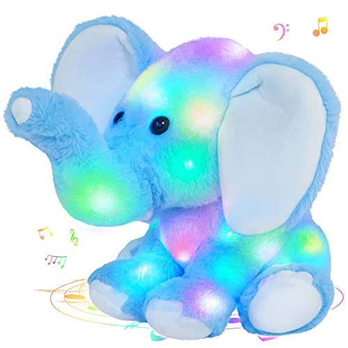SpecialYou 10'' LED Musical Elephant Stuffed Animals Light up Singing Furry Soft Pillow Plush Toy Sitting with Night Lights Ideal Glow in The Dark Birthday Children's Day for Toddler Kids