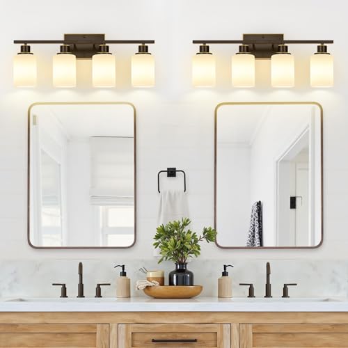 Image of Indoi 4-Light Bathroom Light Fixtures, Oil-Rubbed Bronze Modern Vanity Lights with Milky White Shades, Bathroom Wall Lamp for Mirror Living Room Cabinet Bedroom Porch