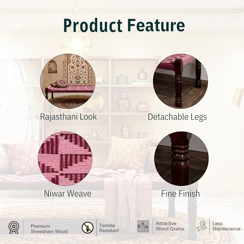 Image of Solid Sheesham Wood Charpai Khat | Handcrafted Daybed Khatiya Charpai with Cotton Rope | Traditional Khat Bed Wooden Diwan Cot for Living Room | 6X3 Feet | Red and Light Pink