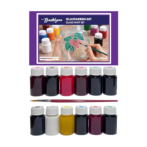 Bastelzone Kit de peinture pour verre avec pinceau – 12 couleurs de 30 ml – Peinture transparente sur verre à base d'eau pour décoration