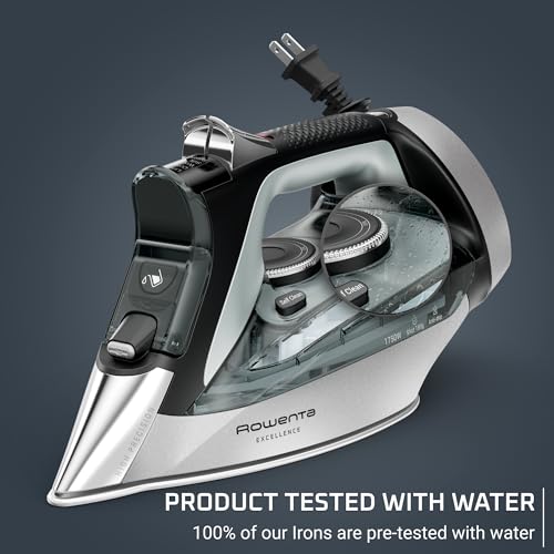 Rowenta Iron, Focus Excellence Stainless Steel Soleplate Steam Iron for Clothes, Retractable Cord, 400+ Microsteam Holes, Powerful steam, LED Display, 1750 W Ironing Clothes, Cordreel, Green DW5432