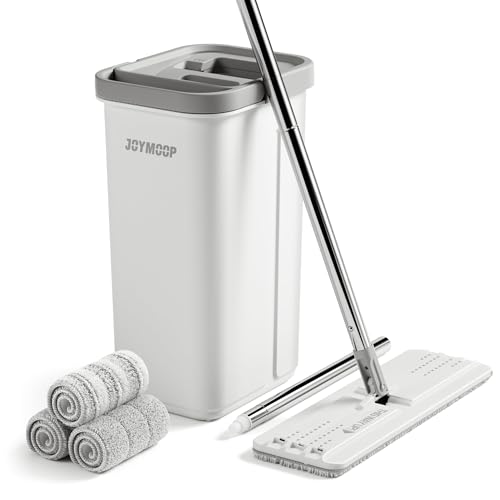 JOYMOOP Balai à franges et seau avec essoreuse, seau plat blanc pour le nettoyage du sol, nettoyeur de mur avec long manche, balai à tête plate, balai à tête plate – 3 chiffons en microfibre