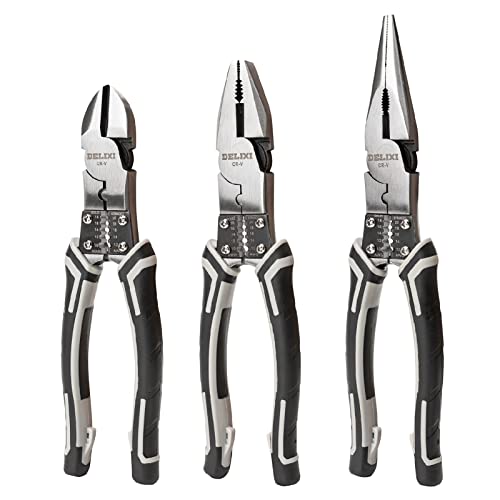 Delixi Pliers Set High Leverage 3 Pcs With Wire Stripper And Side Cutter, Needle Nose Pliers 9 Inch, Combination Pliers 8 Inch, Diagonal Cutting Pliers, Screw Gripping Long Nose Crimper #TOP15