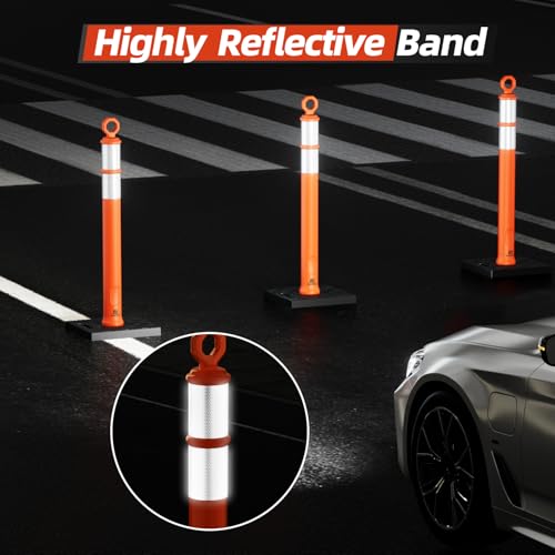 RoadHero 42 Inch Delineator Post with Base, Portable Orange Traffic Delineator Posts Cones with Reflective Collars for Parking Lots, Road Safety, Construction Events (6 Pack)