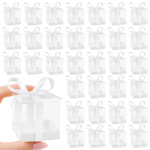 Hxezoc 50 Pack Favor Boxes 2x2x2 Inches Clear Candy Treat Boxes with White Ribbons Mini Plastic Gift Boxes for Wedding Birthday Party Baby Shower Classroom Decoration Supplies