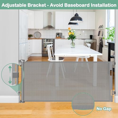 55 Inch Retractable Dog Gate Outdoor Scratch-Resistant Mesh Baby Gate for Stairs Retractable Baby Gates for Doorways Anti-Climb Outdoor Dog Gates for Decks Keep Kid/Pet away from Dangerous Place, Gray