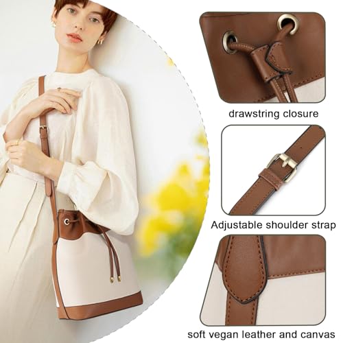 AFKOMST Leather Bucket Bags and Drawstring Crossbody Purse for Women Medium Tote and Hobo Handbags with 2 Shouder Straps3