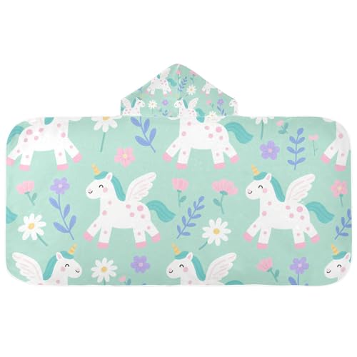 KLL Toalla de playa con capucha, diseño de unicornios y flores, color verde menta, toalla de baño ligera con capucha