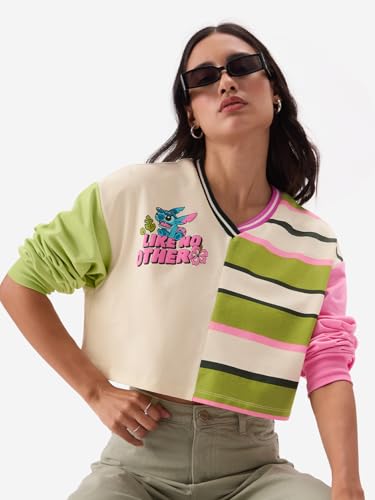 Image of The Souled Store Lilo & Stitch: Like No Other Women and Girls Full Sleeves V Neck 100% Cotton Oversized Fit Cropped Tops Multicolour Graphic Tops Casual Fashion Full Sleeves Round Neck Printed