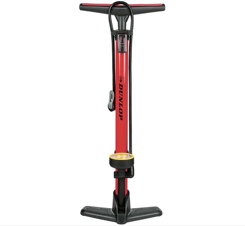 Dunlop Bomba Bicicleta con Manómetro - Inflador Ruedas Coche y Bicileta - Hinchador Bicicleta para válvulas Dunlop, Schrader y Francesas - Bomba de Aire con Adaptadores Juguetes Acuáticos y Balones
