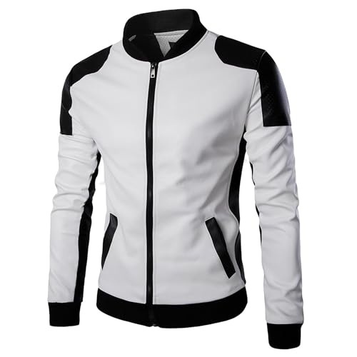 DGHM-JLMY Mens Classic Faux Leather Jacket White Black Moto Bomber Fashion Slim Fit Coat Motorcycle Bomber Jackets