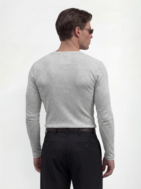 Image of FUGAZEE 100% Cotton Light Grey Ribbed Henley Long Sleeves T-Shirt | Muscle fit