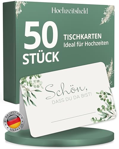 HOCHZEITSHELD Tischkarten Hochzeit 50 Stück - Moderne Platzkarten als Tisch Namensschilder bei der Hochzeitsfeier oder im Standesamt, Tischkärtchen als Hochzeitsdeko, Tischdeko Hochzeit Namenskarten