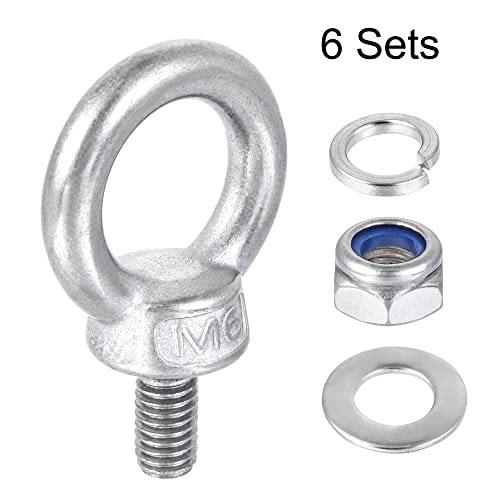 Image of uxcell Lifting Eye Bolt M6 x 12mm Male Thread with Hex Screw Nut Gasket Flat Washer for Hanging Securing Chain Wire Rope, 304 Stainless Steel, 6 Sets