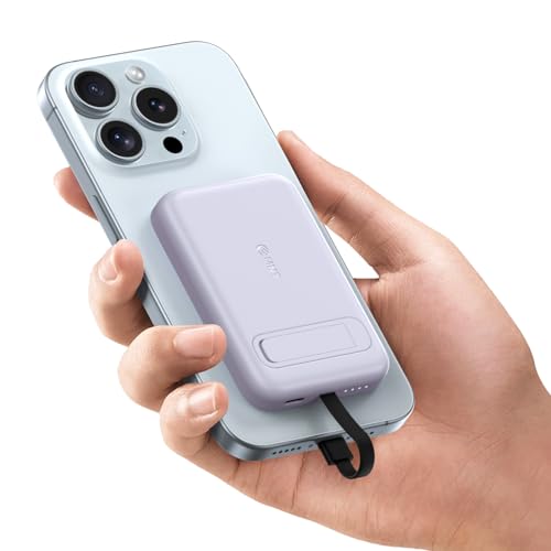 EMNT Mini Magnetic Portable Charger, 5200mAh External Battery Pack with Built-in Cable, and Foldable Stand, Power Bank for iPhone 14/13/12/11 Pro/Pro Max/Plus/Mini/AirPods （Purple）