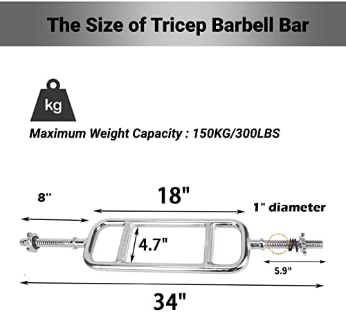 tonchean 34" Triceps Bar Solid Hammer Curl Bar Curl Barbell with Spring Collars Tricep Barbell Training Bar Tricep Weight Bar for Squats Deadlifts Shrugs Building UP a Good Physique 330LBS