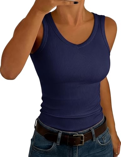 Aottori Tank Top Women V Neck Sleeveless Vests UK Ladies Summer Camisole Shirts Ribbed Slim Fit Casual Basic Tunic Top Navy M
