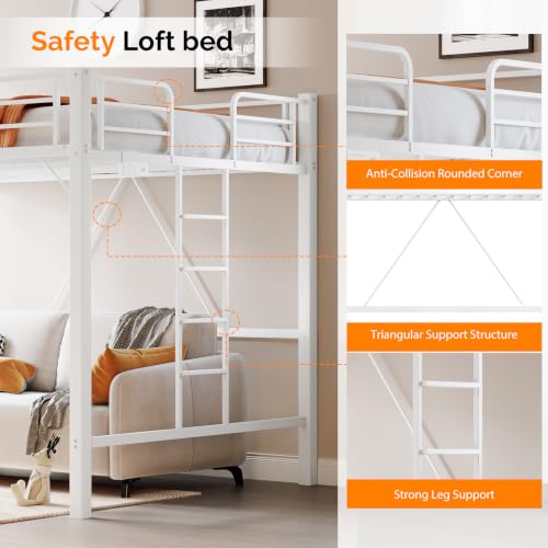 Image of VINGLI Loft Bed Queen Size with Charging Station and LED Lights,Safety Guardrail and Stair for Teens /Adults, No Box Spring Needed, Heavy Duty Metal Support Slat, White