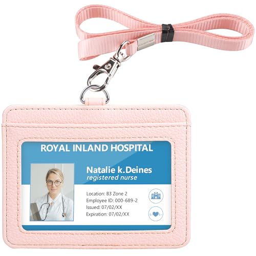 Teskyer Leather ID Badge Holder with Lanyard, Horizontal Lychee Linght Pink