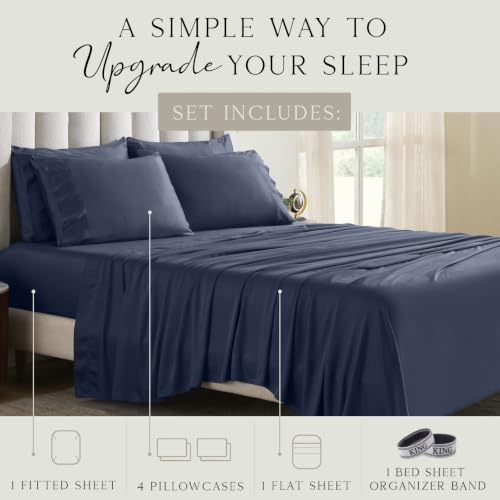 Image of KARISSA MAE 6 Piece Luxury Bamboo Viscose King Sheet Set, 4 Pillowcases | FSC Certified | Cooling | Ultra Soft | 18 inch Deep Pockets | Elastic Corner Straps | Includes Organizer Band [Navy]
