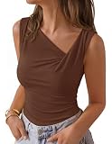 ZESICA Womens Summer Sleeveless Tank Tops 2026 Asymmetrical Neck Ruched Slim Fit...