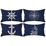Ocean Theme Blue Pillow Covers 12×20 Inch,4Pack Compass Anchor Sailboat Navigation Pattern Coastal Sailing Cushion Covers Nautical Beach Decorative Lumbar Pillowcases for Sofa/Couch (Blue)