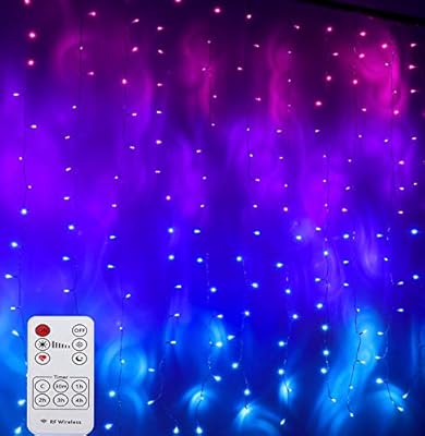 CoziTech Pink Purple & Blue Ombre Fairy Curtain Lights with Remote, Ombre Rainbow LED Waterfall String Curtain Lights for Girls Room, Bedroom, Teen Room, Kids Room, Wedding, Birthday, Mermaid Décor