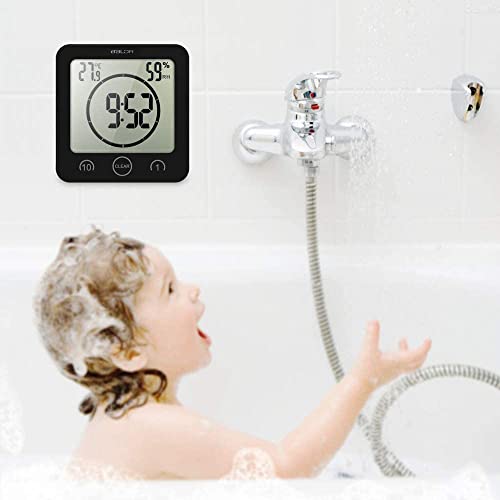 HONPHIER Dusche Uhr Badezimmer Uhr Digital Große Anzeige Touchscreen Timer mit Temperatur Luftfeuchtigkeit Display für Badezimmer Dusche Küche (Schwarz)