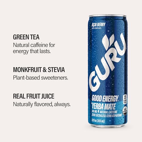Image of GURU Energy Drink, Organic Sparkling Energy Drink with Yerba Mate & Green Tea, 140 MG Natural Caffeine for Workouts, Performance & Midday Boost, Gluten Free, Vegan, Acai Flavor, 12 Fl Oz, 24 Pack
