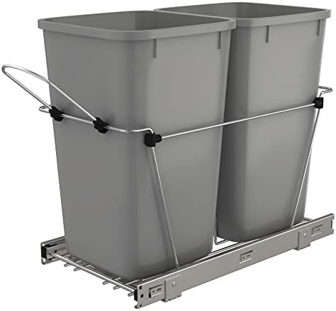 Rev-A-Shelf RV-15KD-17C S Double 27-Quart Chrome Wire Bottom Mount Pullout Kitchen Waste Trash Can Container Bin with Full-Extension Slides, Silver
