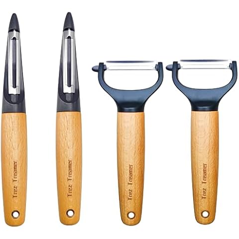 Trez Treamer 4 Pack Vegetable Peelers for Kitchen, Y Wooden Potato Peeler Set for Apple Cucumber Carrot Fruit Potatoes Veggie Peeler Bulk with Stainless Steel Blade,Dishwasher Safe Cover