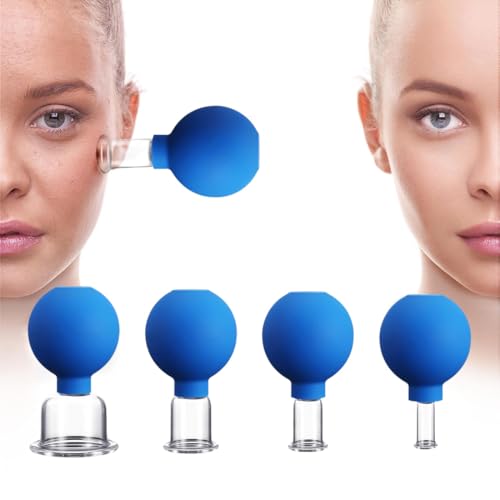 SexxLady Set di 4 pezzi in vetro per coppettazione con sfera di aspirazione in silicone | coppettazione con massaggio a vuoto per il viso | set di coppettazione riutilizzabile per tutto il corpo,Blu